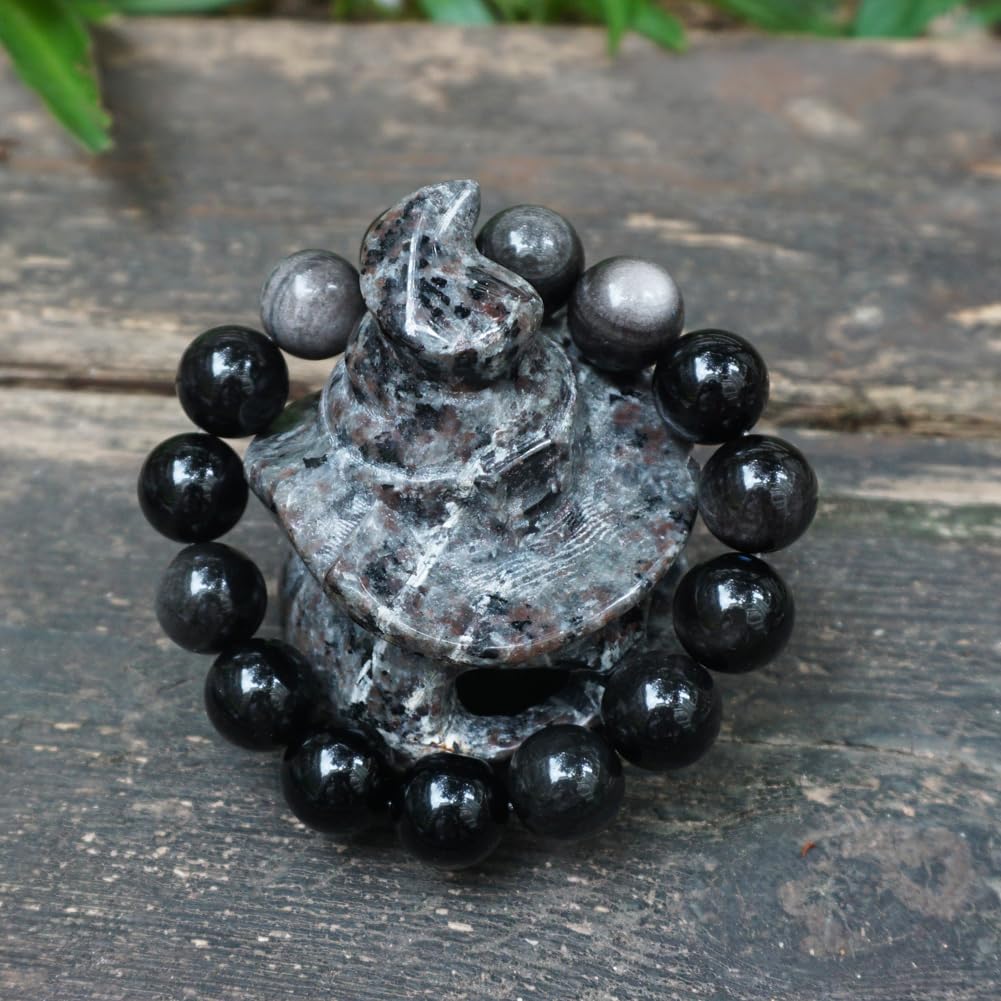 TaHLga 14mm Silver Obsidian Crystal Bracelet | XLarge Size | Natural Root & Third Eye Chakra Stone | Protection & Intuition | Fits for XLarge Wrist 8.5-9" | Come with Box & Pouch