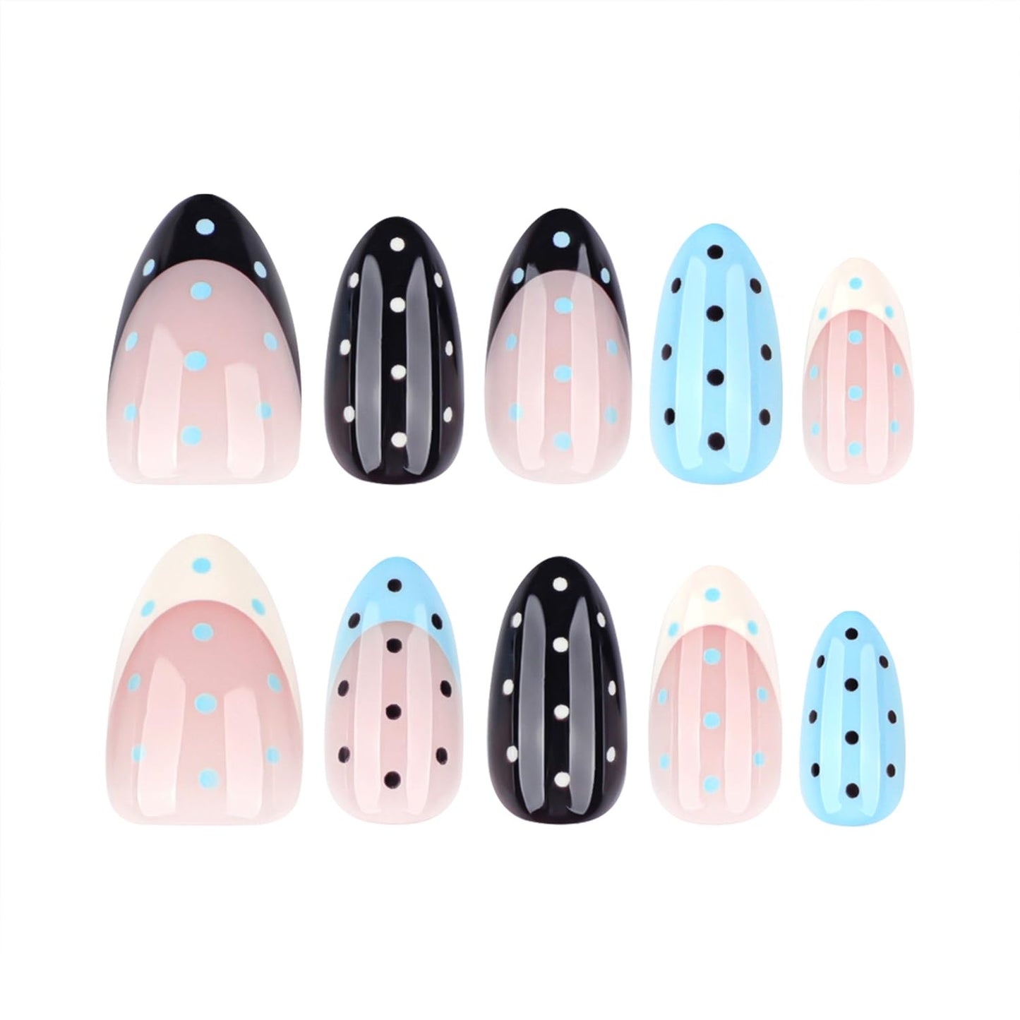 24PCS Soft Gel Press On Nails Almond Polka Dot Nude Blue Black Glossy, Reusable Glue On Fake Nails Acrylic Look False Nails for Women