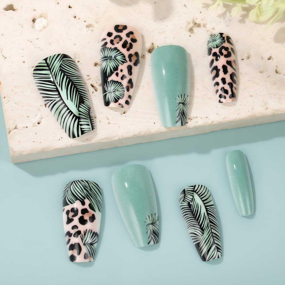 Green Leopard Print Press on Nails Medium Square Fake Nails Palm Leaf False Nails with Solid Color Green Designs Full Cover Acrylic Nails Glossy Cheetah Finger Manicure for Women 24Pcs