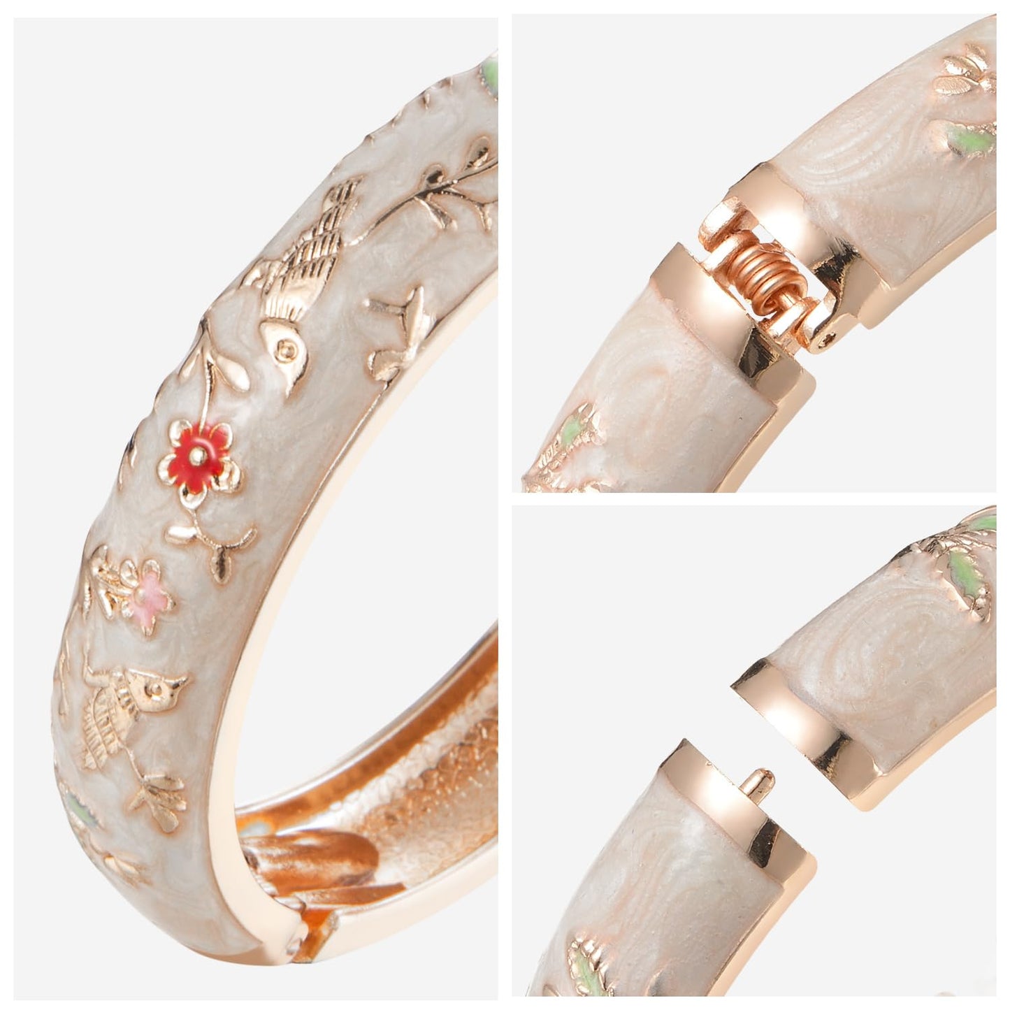 UJOY Colors Handcraft Jewelry Cloisonne Bracelet Enamel Bird Spring Hinged Womens Bangles Gifts Box 55C49 Cream White