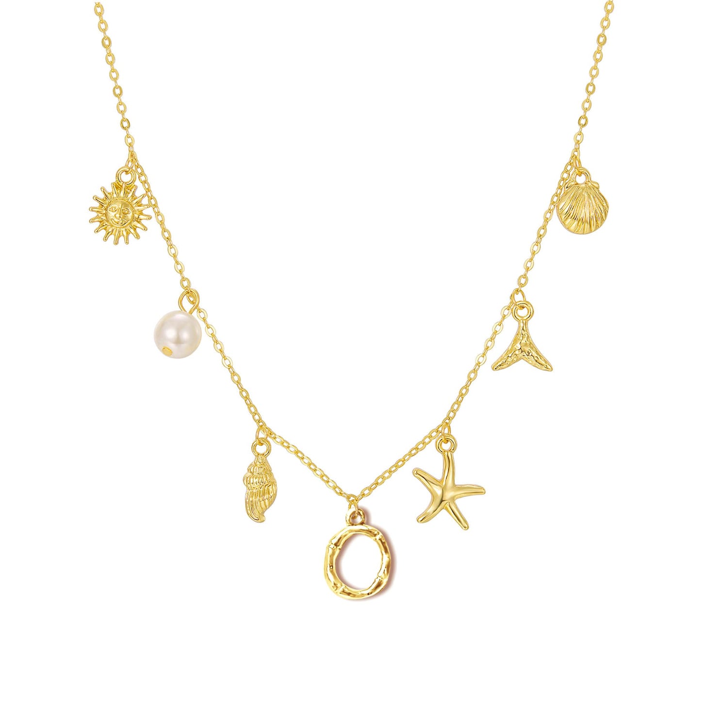 JALZEMPL Initial Charm Necklace For Women Shell Seashell Summer Beach Letter 14K Gold Plated Pendant Starfish Surfer Boho Jewelry Gifts (O)