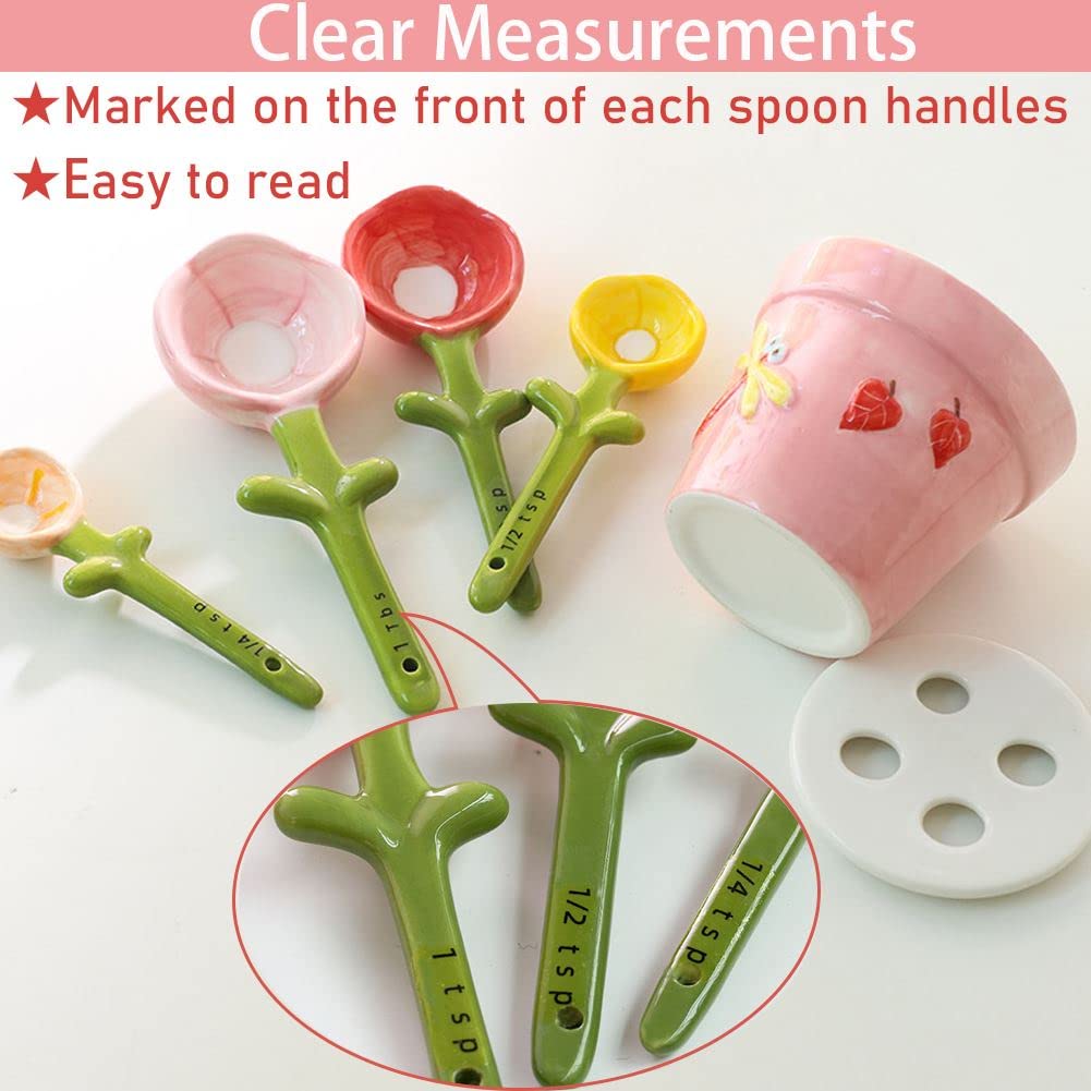 Flower Measuring Spoons Set in Pot Unique Baking Gifts Ceramic Cute Measuring Cups and Spoons with Holder for Dry Wet Ingredients Dishwasher Safe Pink
