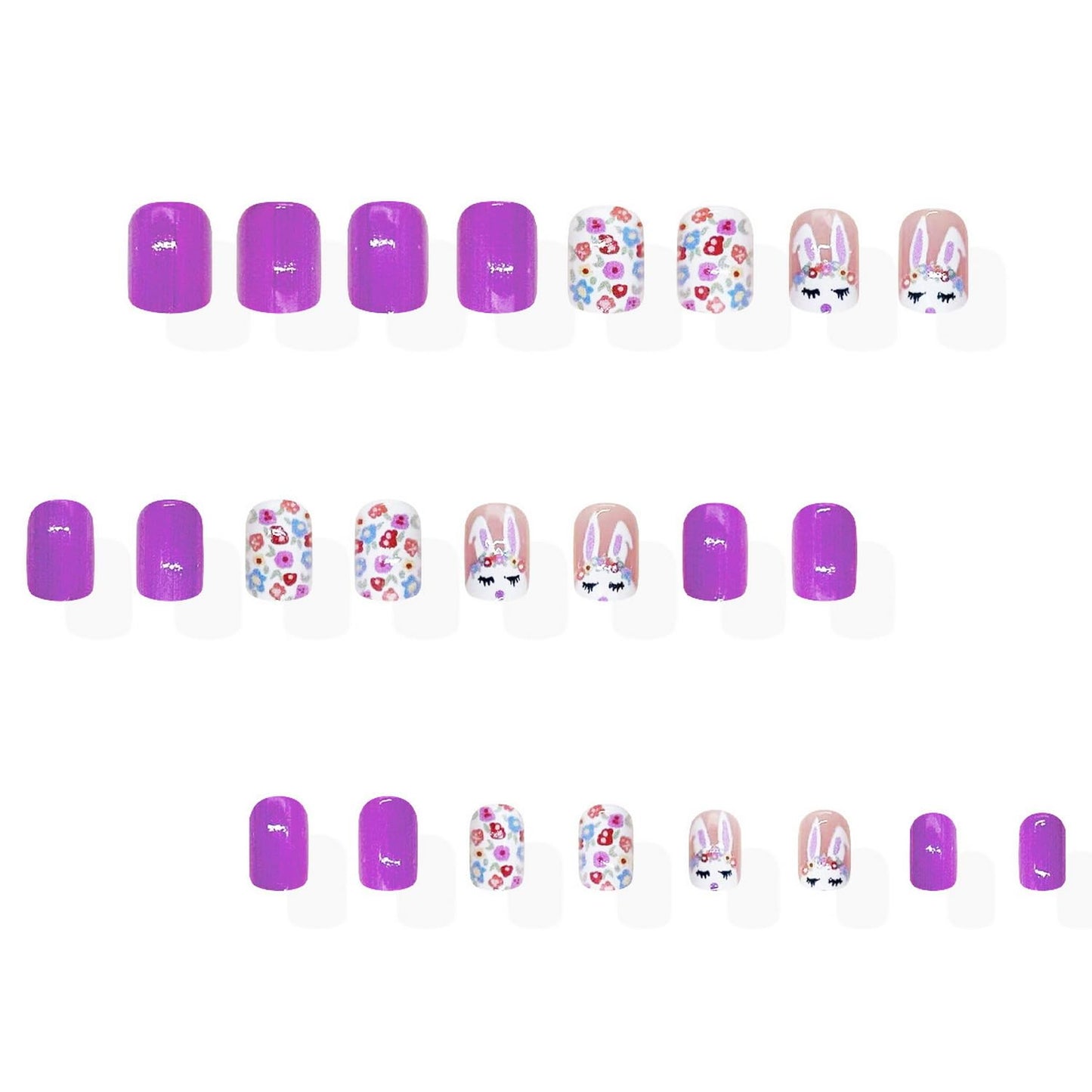 24pcs Easter Press on Nail Short Square Fake Nails with Flower designs Cute False Nails Glossy Purple Press ones Bunny Stick on Nail Full Cover Spring Acrylic Glue on Nails for Women Decor