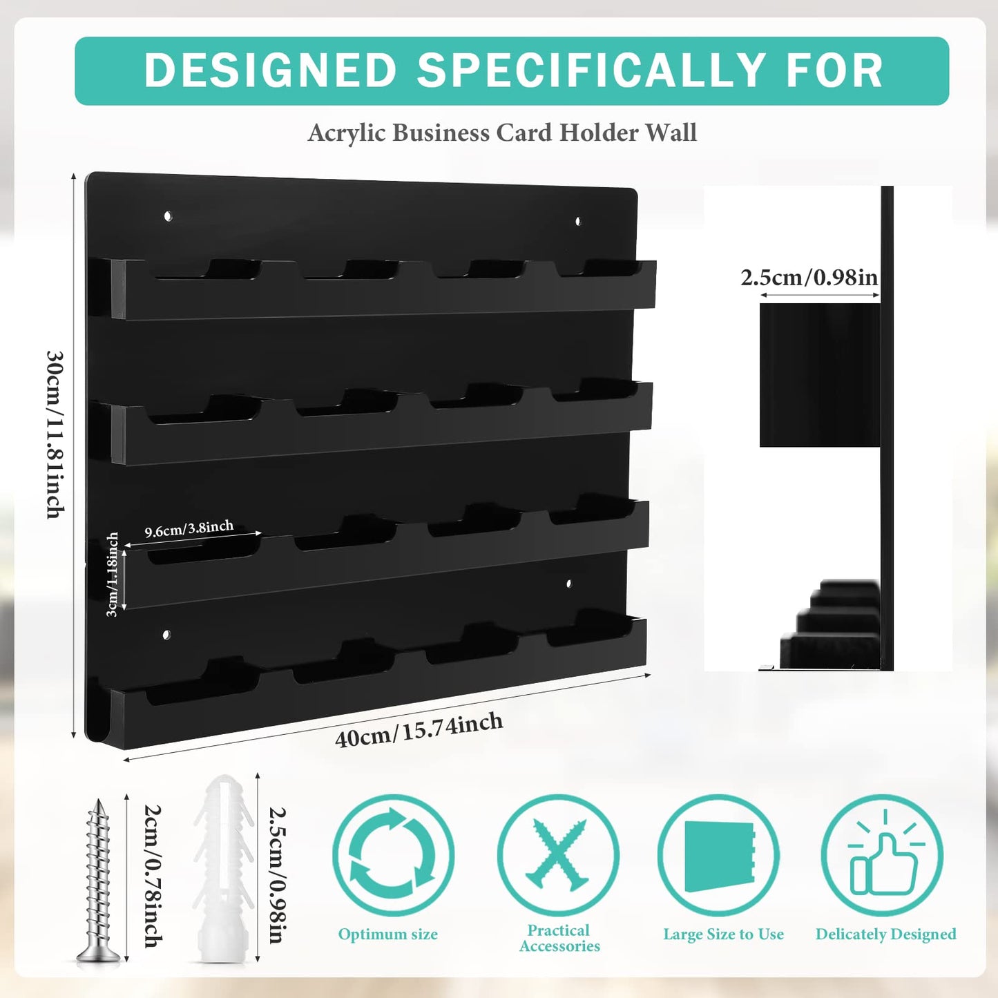 Geelin 2 Pcs Acrylic Business Card Holder Wall Mount Black Business Card Display Holder with Hanging Hardware Vertical Sticker Display Rack Organizing Stand for Office Home (16 Pockets)