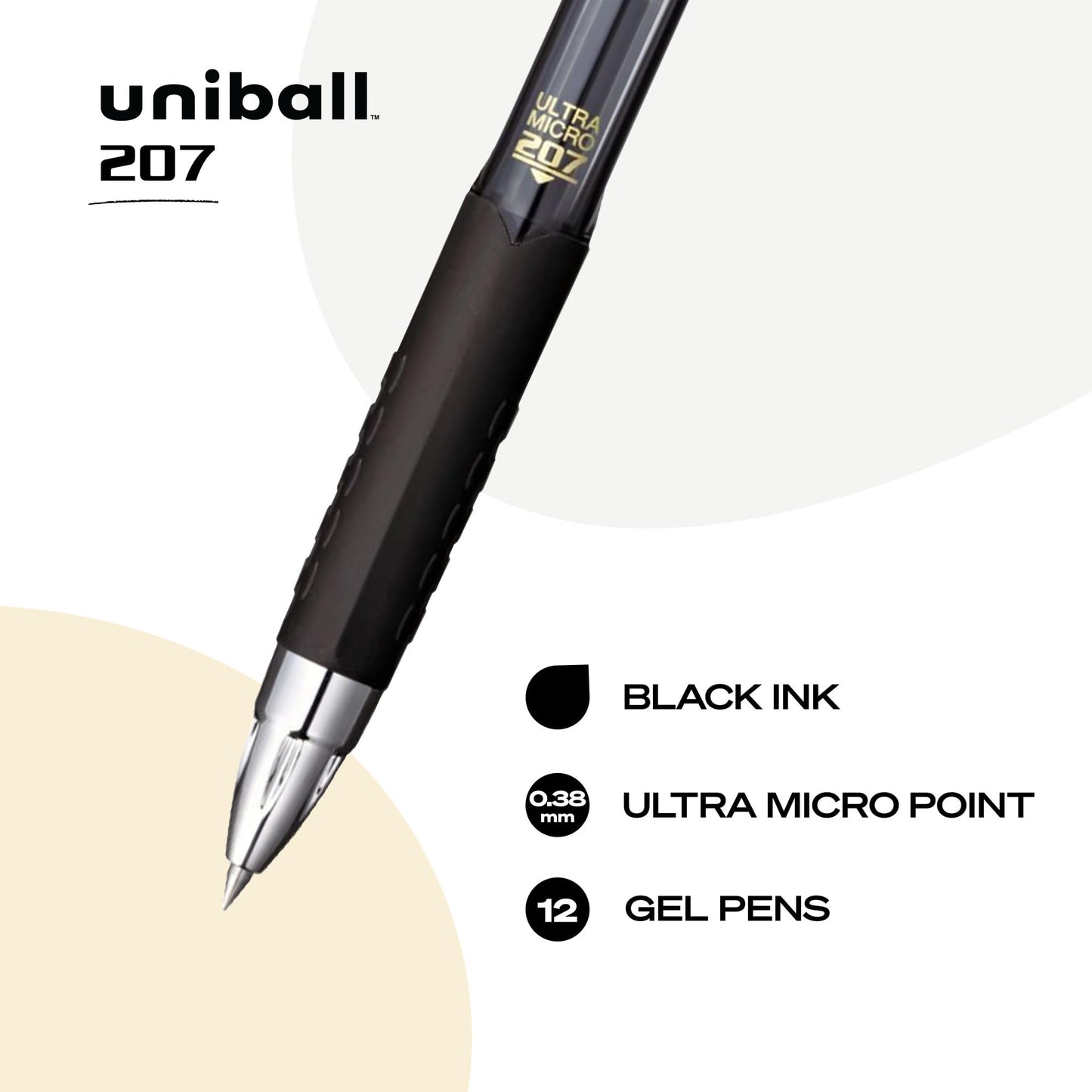 uniball 207 Retractable Gel Pens, Ultra Micro Point (0.38mm), Black, 12 Pack