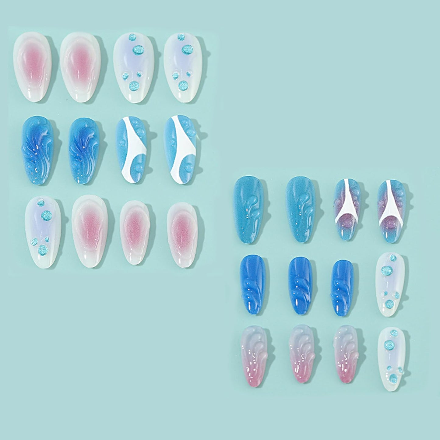 IMSOHOT Almond Press on Nails Medium Fake Nails Blue White Ombre False Nails with 3D Designs Glossy Glue on Nails Full Cover Cute Gel Handmade Summer Nail Supplies 24Pcs