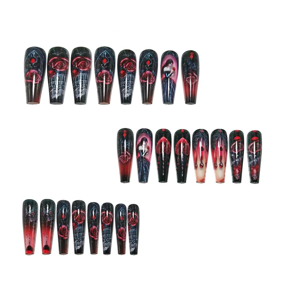 Chunmeng Gothic Press on Nails Long Coffin, Black Red Rose Fake Nails with 3D Rose Heart Charms, Dark Baroque Princess Design Glue on Nails, Luxury Rhinestone Acrylic False Nails for Women