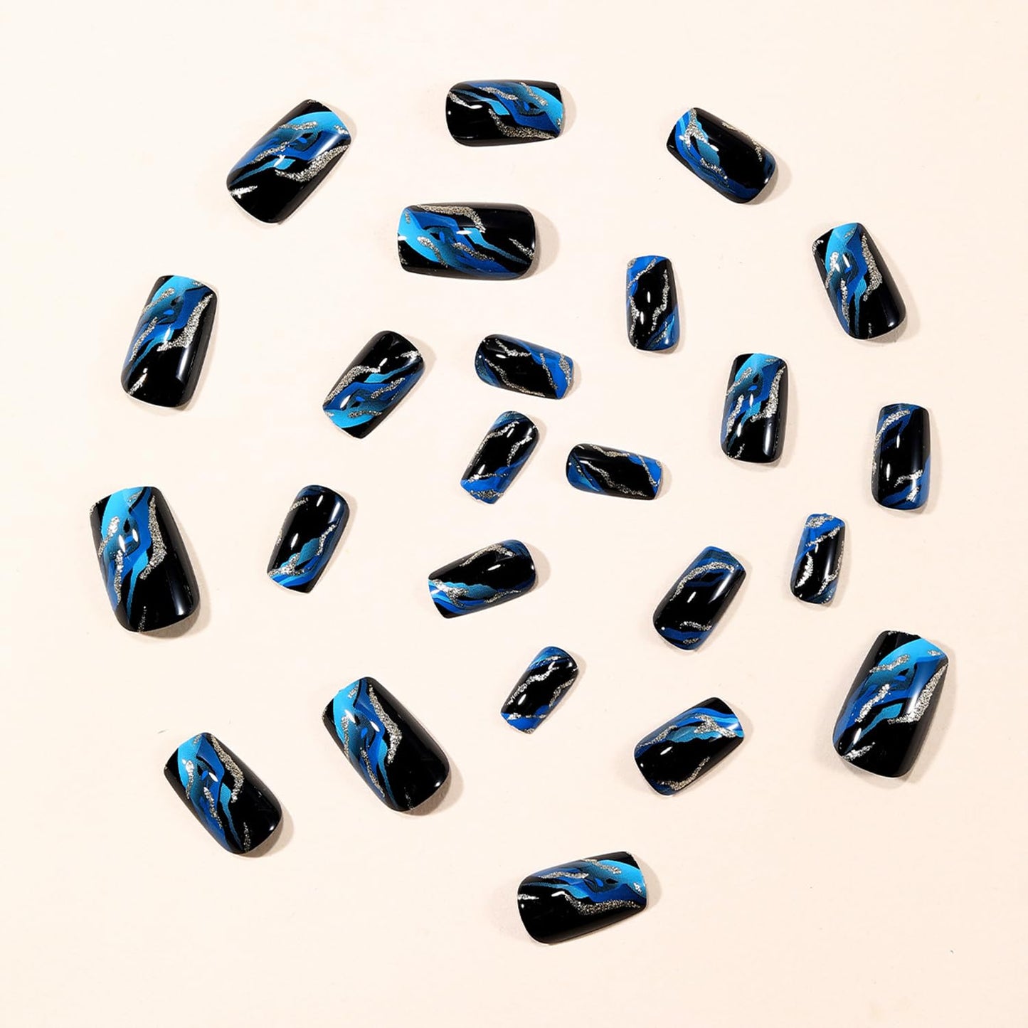 Vopintpy Blue Marble Press on Nails Medium Square Fake Nails with Design Glossy Acrylic Glue on Nail Reusable Full Cover Artificial Stick on Nail for Women DIY Manicure