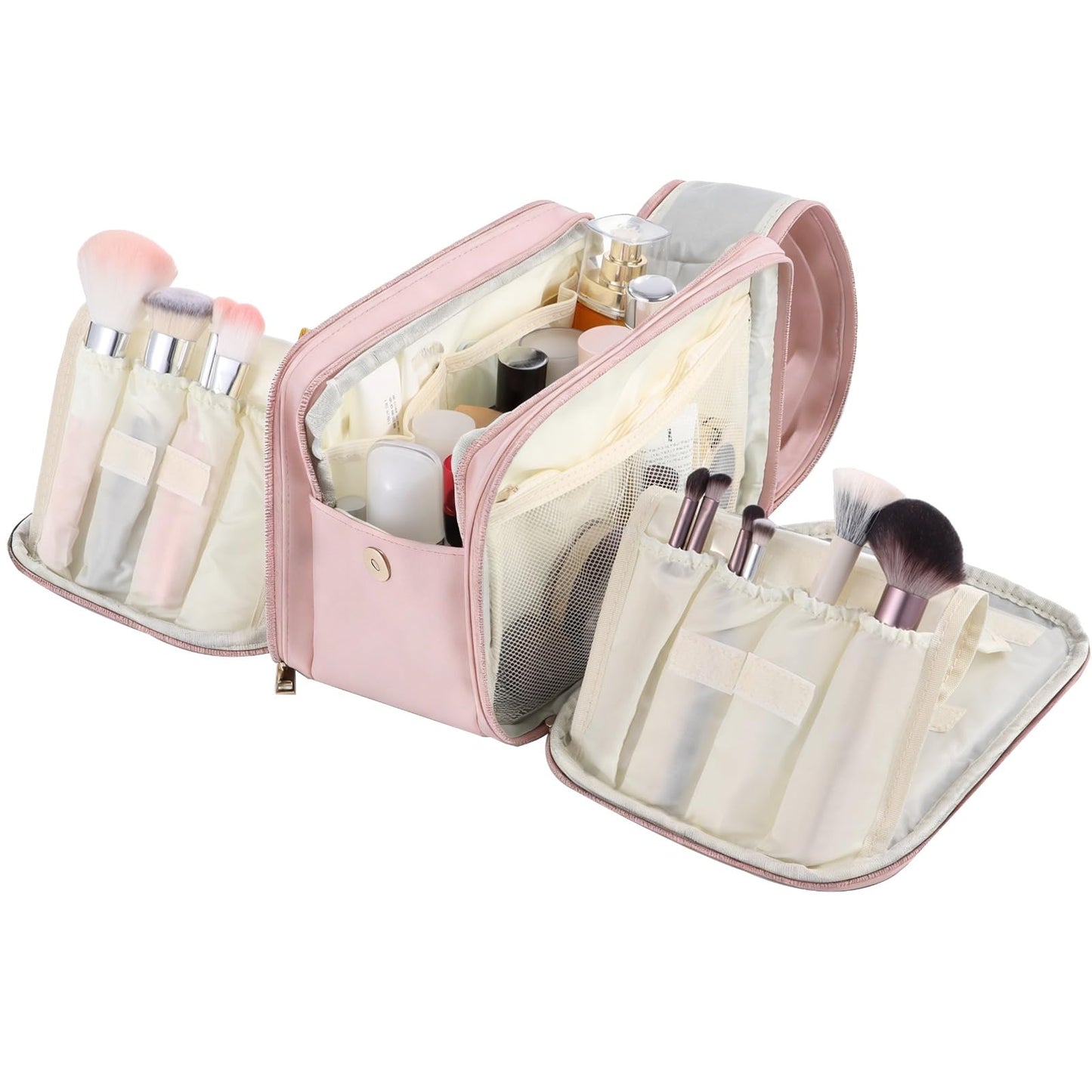 DORMIYA Travel Makeup Bag for Women, Large Capacity Cosmetic Organizer, Multi-Layer Toiletry Bag with Handle, Waterproof PU Leather Portable Makeup Zippered Case with Standing Brush Holder