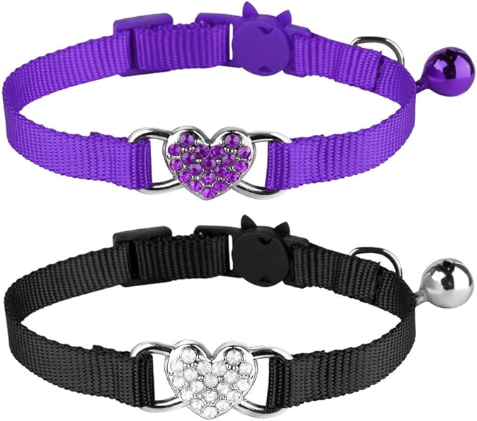 Mtliepte 2 Pcs Cat Collars Heart Bling Breakaway with Bell Nylon Adjustable for Kitty(Black+Purple)