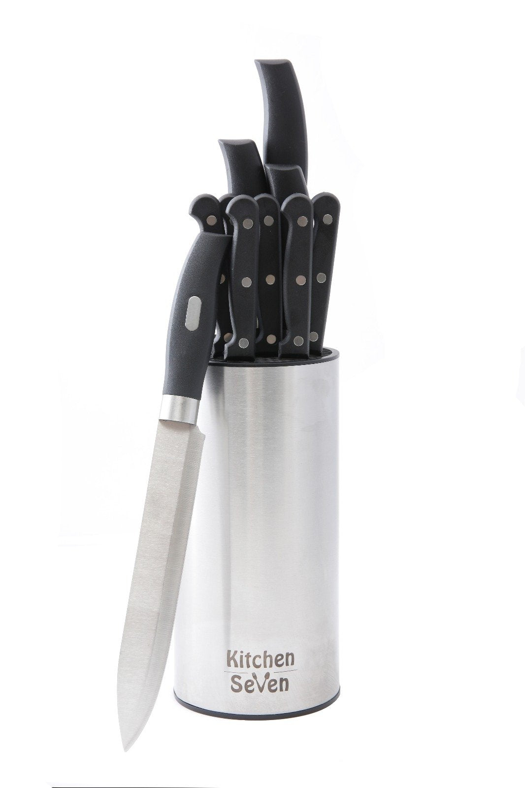 Kitchen Seven Universal Knife Block - Stainless Steel Kitchen Knife Holder Without Knives - Round Space -Saver Knife Storage Stand safely stores knives while keeping blades clean and sharp
