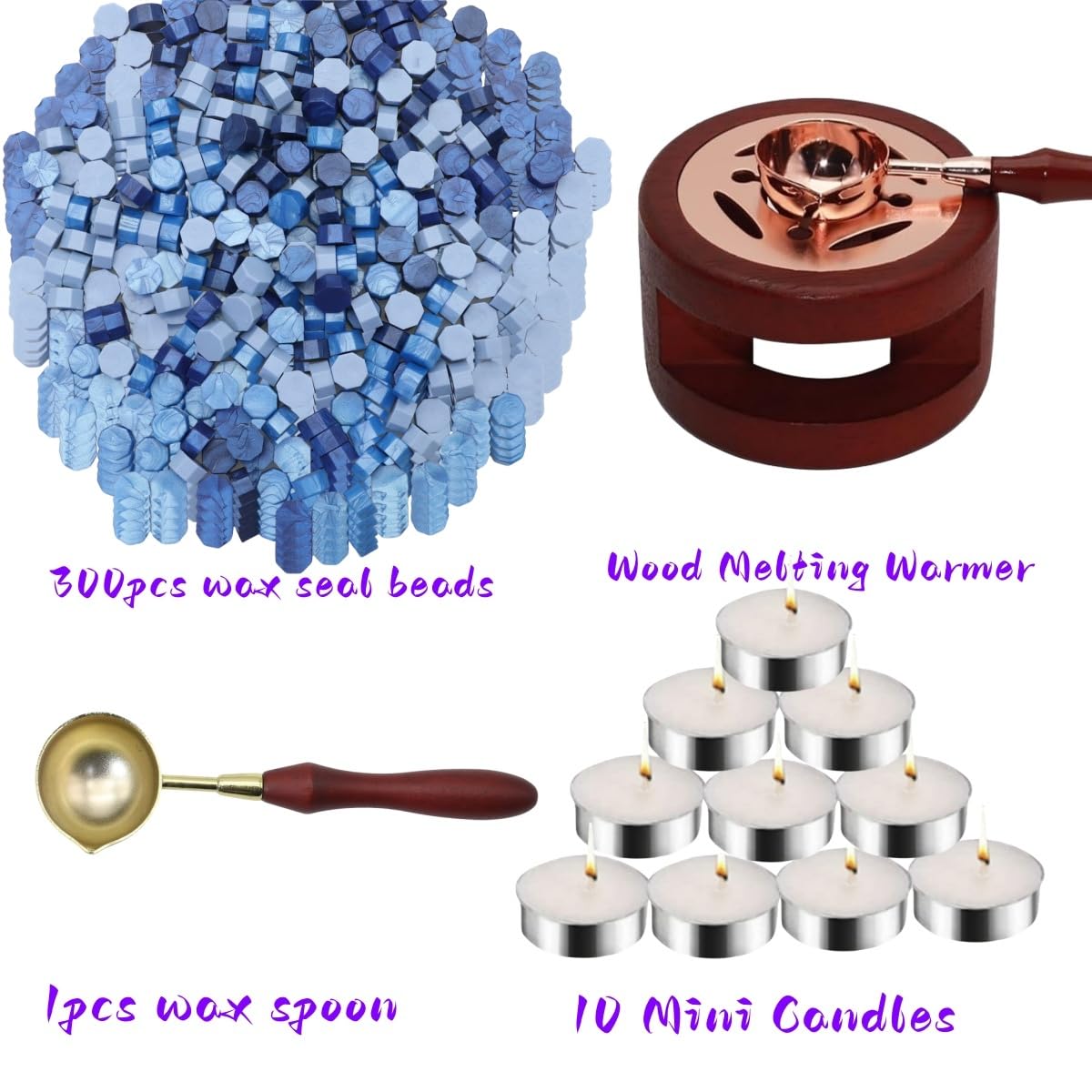 Sealing Wax Beads Kit, Atopbb 300pcs Mixed Blue Color Wax Seal Beads, 1pcs Wooden Wax Seal Warmer, 1pcs Melted Spoon and 10pcs Tea Candles for Wax Sealing Stamp Kit (300, Mixed Blue)