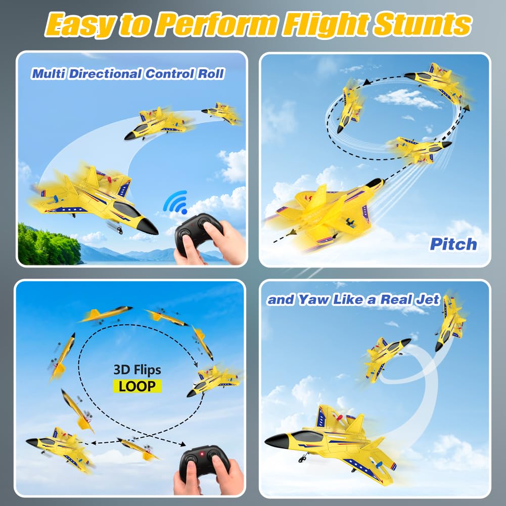 Fremego F22 RC Airplane 2.4GHz Remote Control Plane with Gyro Stabilizer, LED Lights & Dual Batteries, Easy Fly RC Glider for Kids Boys Adults Beginners(Yellow)