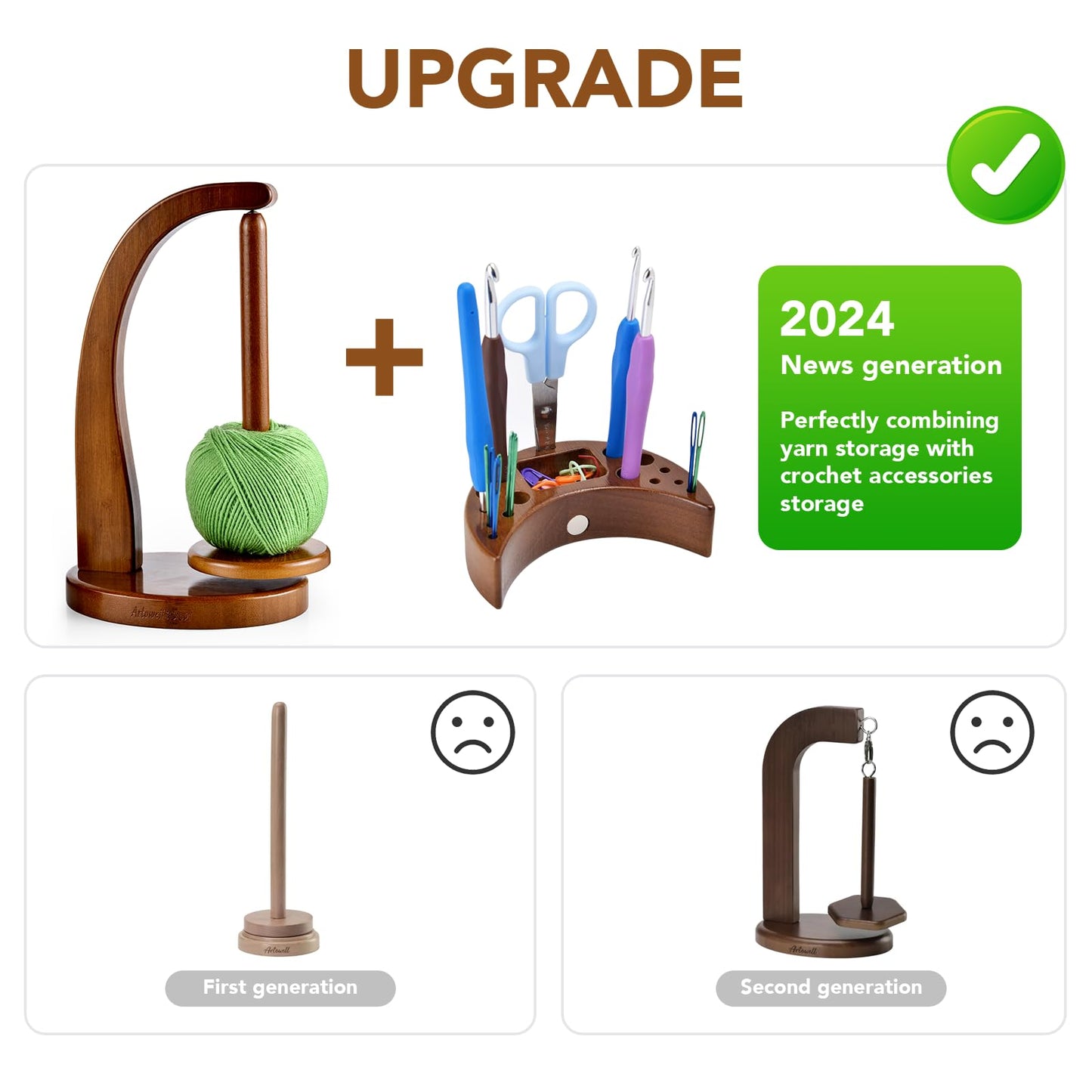 ULOI Crochet Yarn Holder - Upgrade with Crochet Accessories Storage Attachment, Magnetic Wooden Yarn Storage for Knitting Accessories, Perfect for Crocheting and Knitting Projects, Walnut Finish