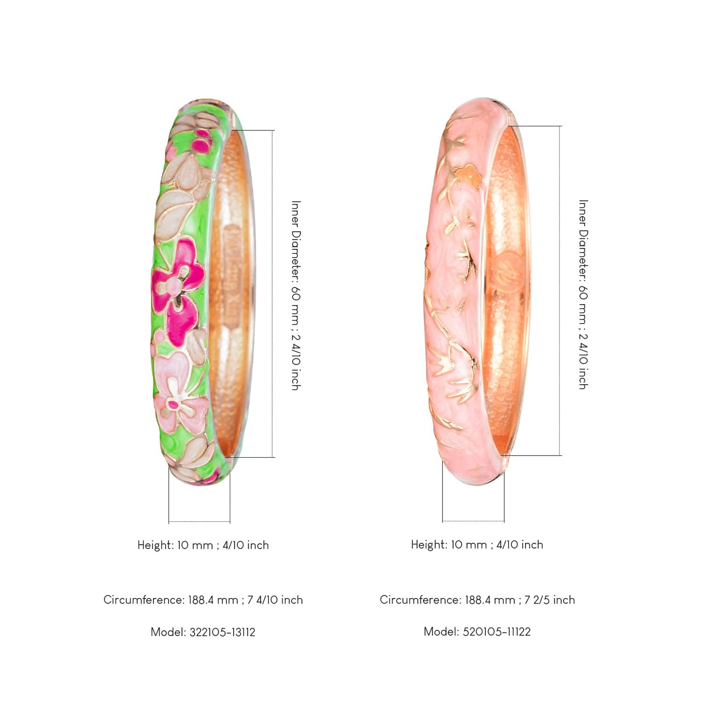 UJOY Gorgeous Bracelets Enameled Floral Cloisonne Gift Plated Cuff Bangles Jewelry Sets Box for Women 55A100-55A117 Green Pink