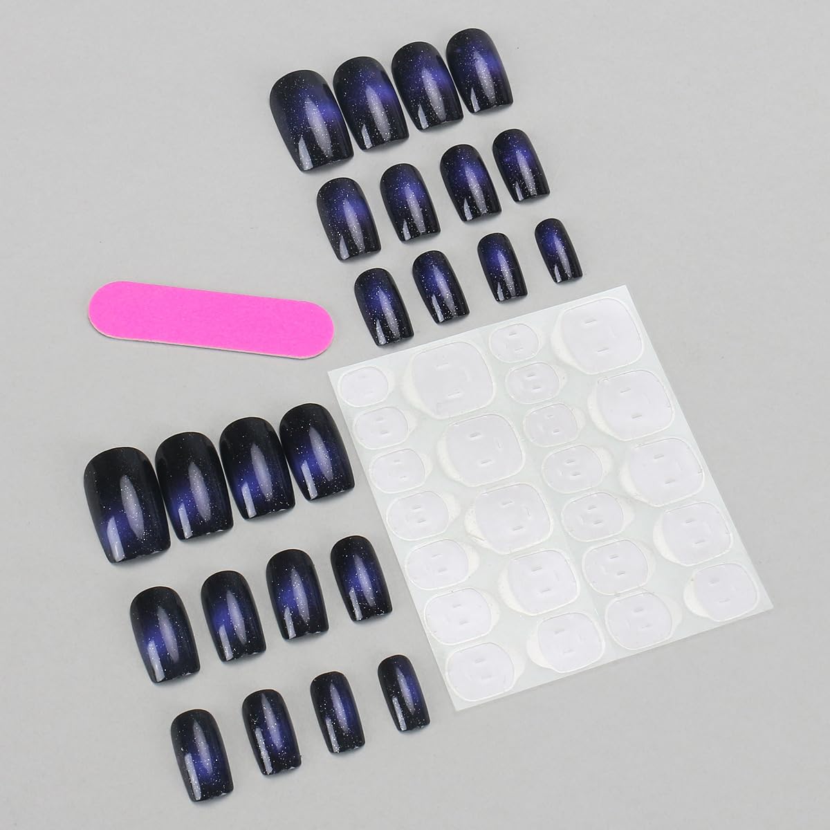Blue Cat Eye Press on Nails Short Square Fake Nails Blue Black Gradient Acrylic Glossy Glue on Nails Glitter Artificial Nail Full Cover False Nail for Women Manicure 24Pcs