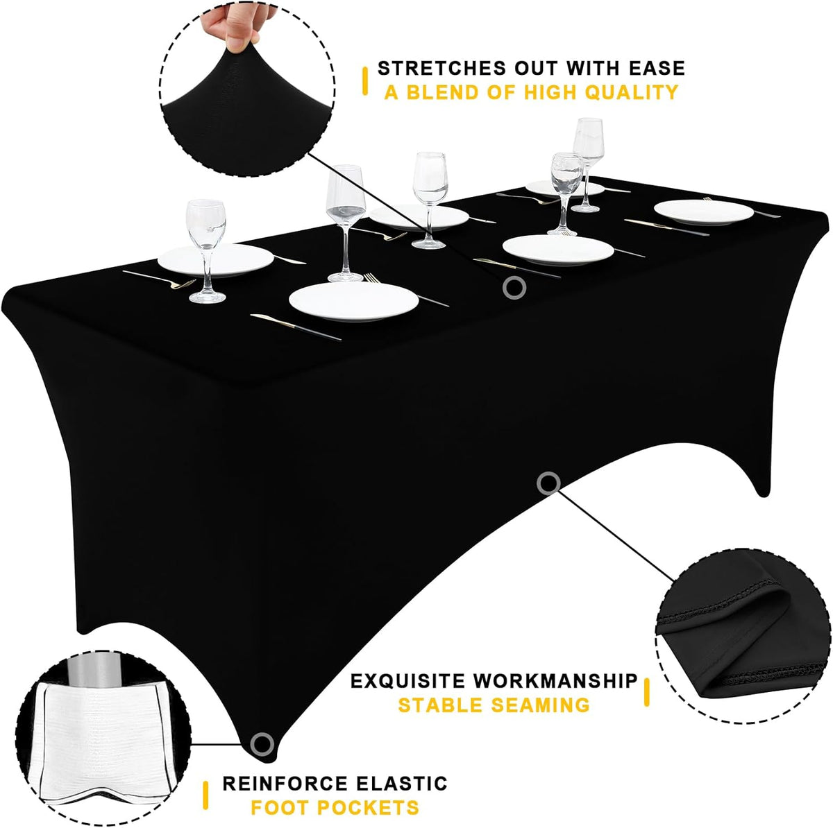 Smiry Spandex Table Cloth 8FT, Elastic Fitted Stretch Tablecloths, Washable and Wrinkle Free Rectangular Patio Table Cover for Outdoor, Wedding, Banquet & Parties (Black, 96Lx30Wx30H Inch)