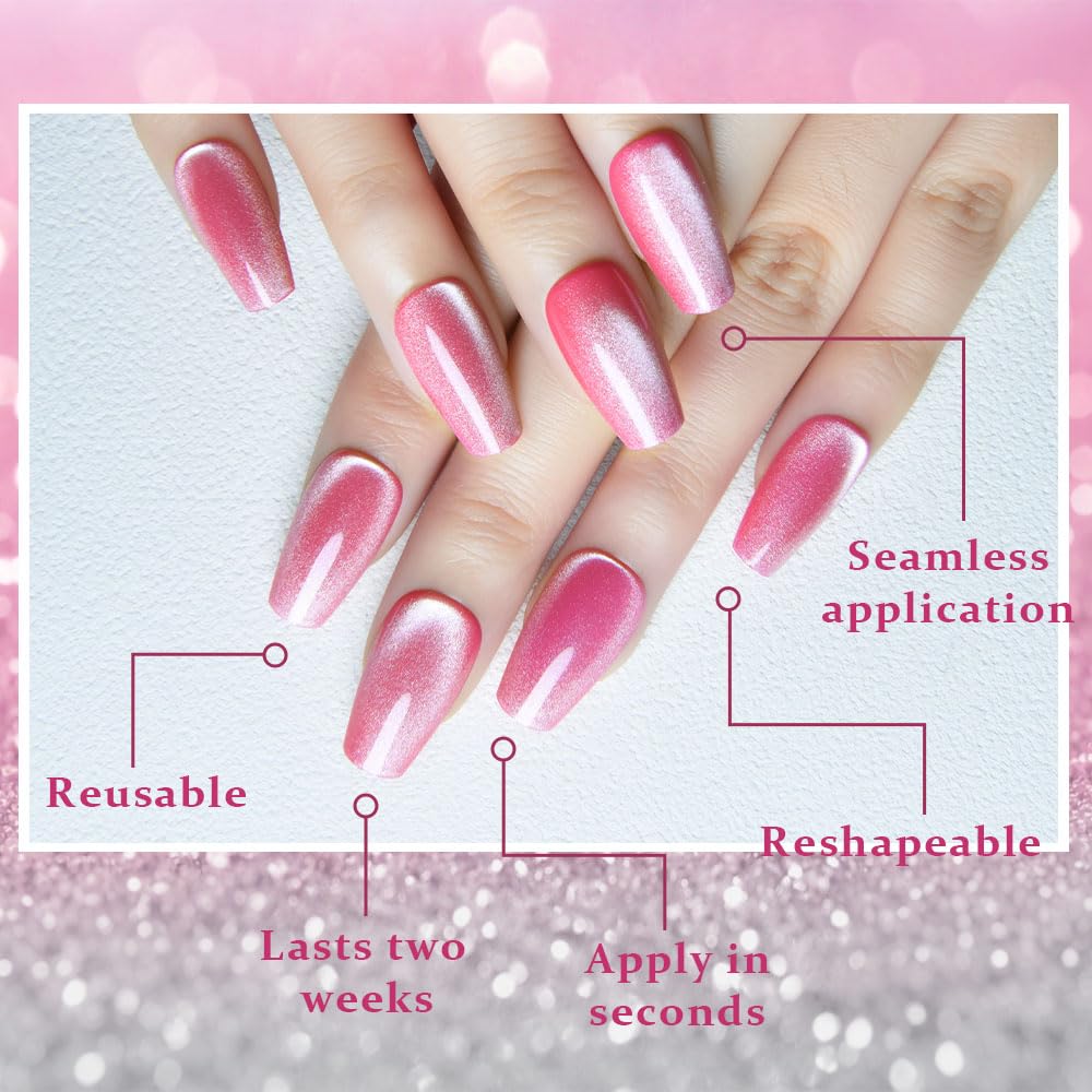evpct Rose Pink Cat Eye Coffin Press on Nails Medium Square No Glue, Medium Square Stick on Nail for Women, Pink Metallic Glitter Glossy Reusable Summer Soft Press on Acrylic Fake Nail with Designs