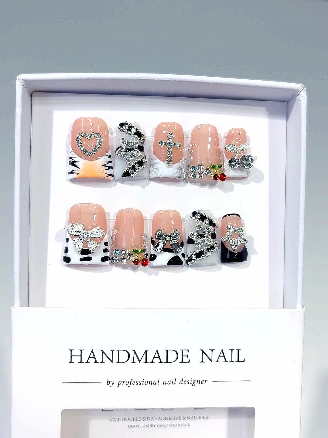 Handmade Press On Nails Set, Pink Cow Print Design with Rhinestone Heart Cross Cherry Decorations, Stiletto Shape False Nails, 10 Pieces (L260, Long)