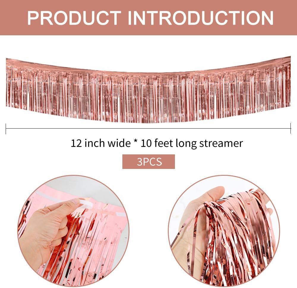 BEISHIDA 3 Packs 30 Feet Metallic Foil Fringe Garland Tinsel Streamers，Shiny Rose Gold Wall Hanging Tinsel Fringe Banners for Wedding Birthday Party Decoration Halloween Christmas New Year
