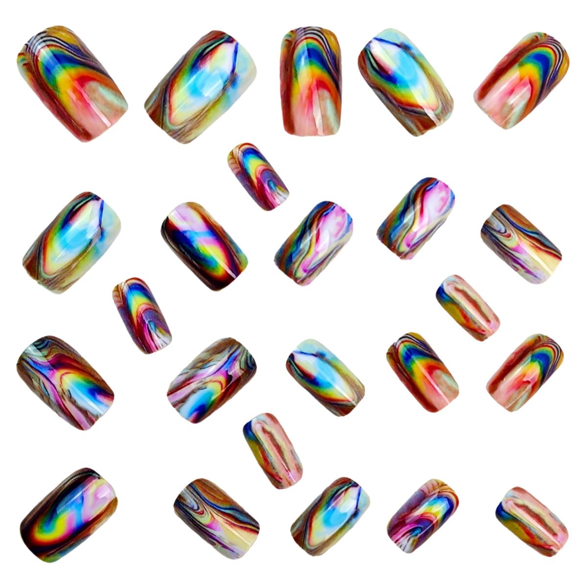 Chrome Press on Nails Medium Square Fake Nails Color Aurora False Nails Press ons with Color Gradient Blending Design Glossy Acrylic Nail Full Cover Reusable Stick on Nails for Women Manicure 24Pcs