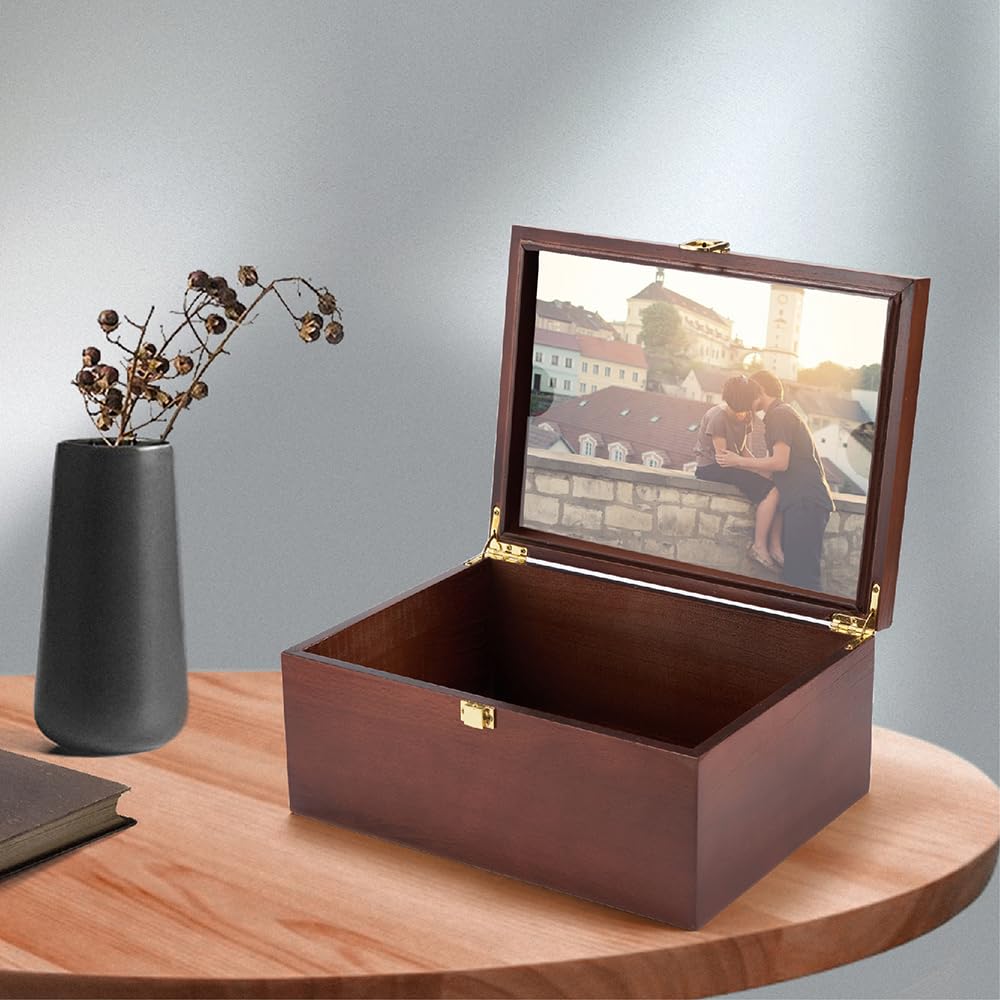 Larger Wooden Memory Keepsake Box with Hinged Lid & 8x10 Photo Frame Inside Lid – Decorative Storage Box With a Hinge Lids for Pictures, Letters & Time Capsule – Wooden Gift Box, 5.3” x 8.6” x 11.7”