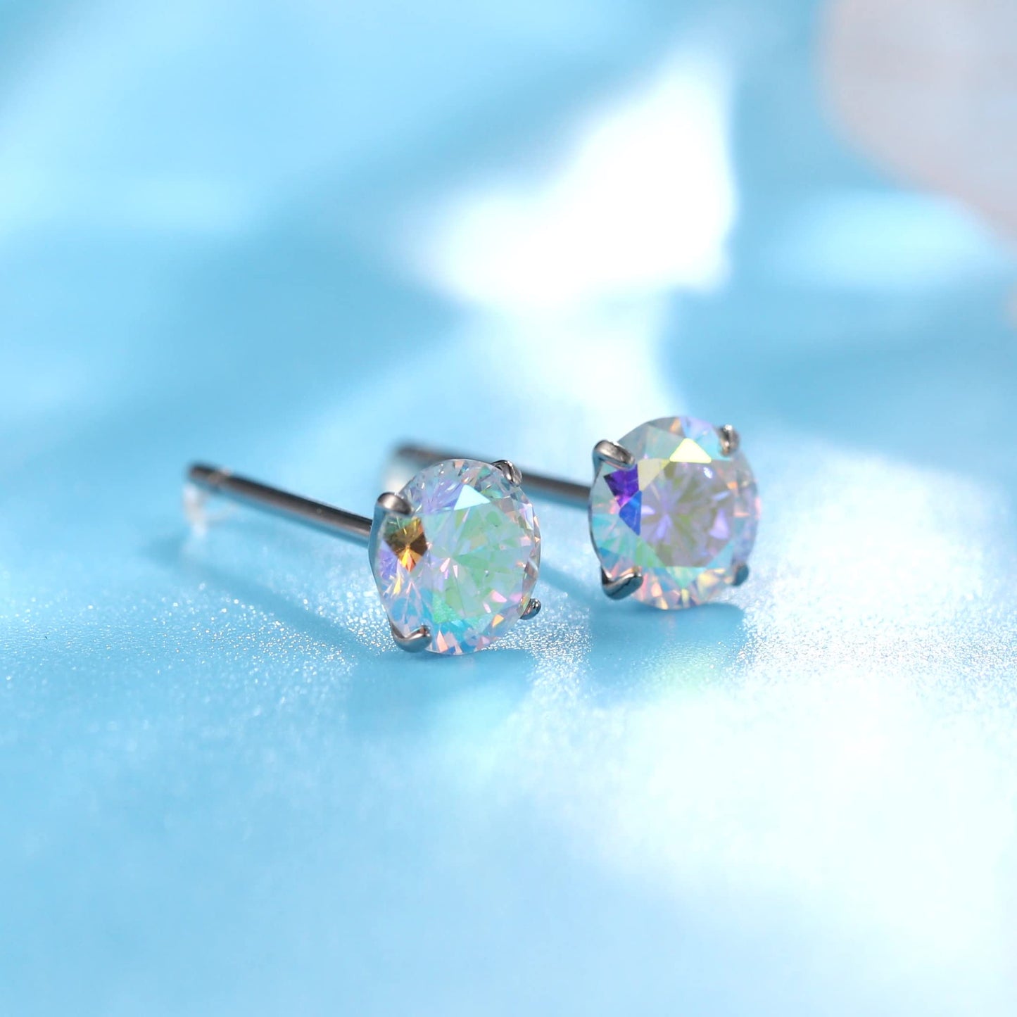 Limerencia Hypoallergenic G23 Titanium Earrings, F136 Implant Grade Pure Titanium, Suitable for Sensitive Ears with Birthstone Crystals CZ Simulated Diamonds (Aurora Borealis)