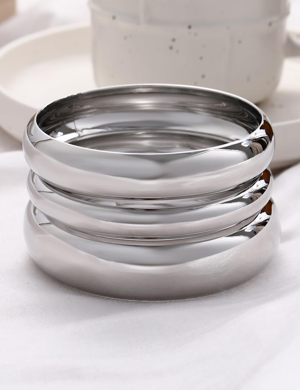 Chunky Gold Bangle Bracelets for Women, Dainty 14k Gold Plated Big Stackable Bangles Set, Trendy Statement Cuff Bracelet Stack Fashion Jewelry Gifts (3 Thick silver bangles)