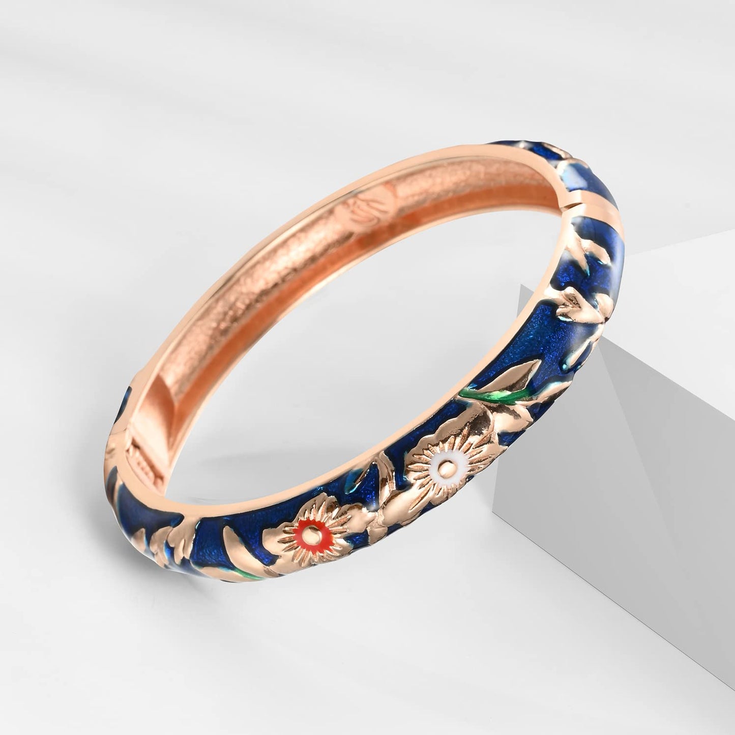 UJOY Cloisonne Bracelet Hinge Indian Cuff Bangle Enameled Jewelry Flower Bracelets for Women Gift Box 55A103-55A114 Navy Blue