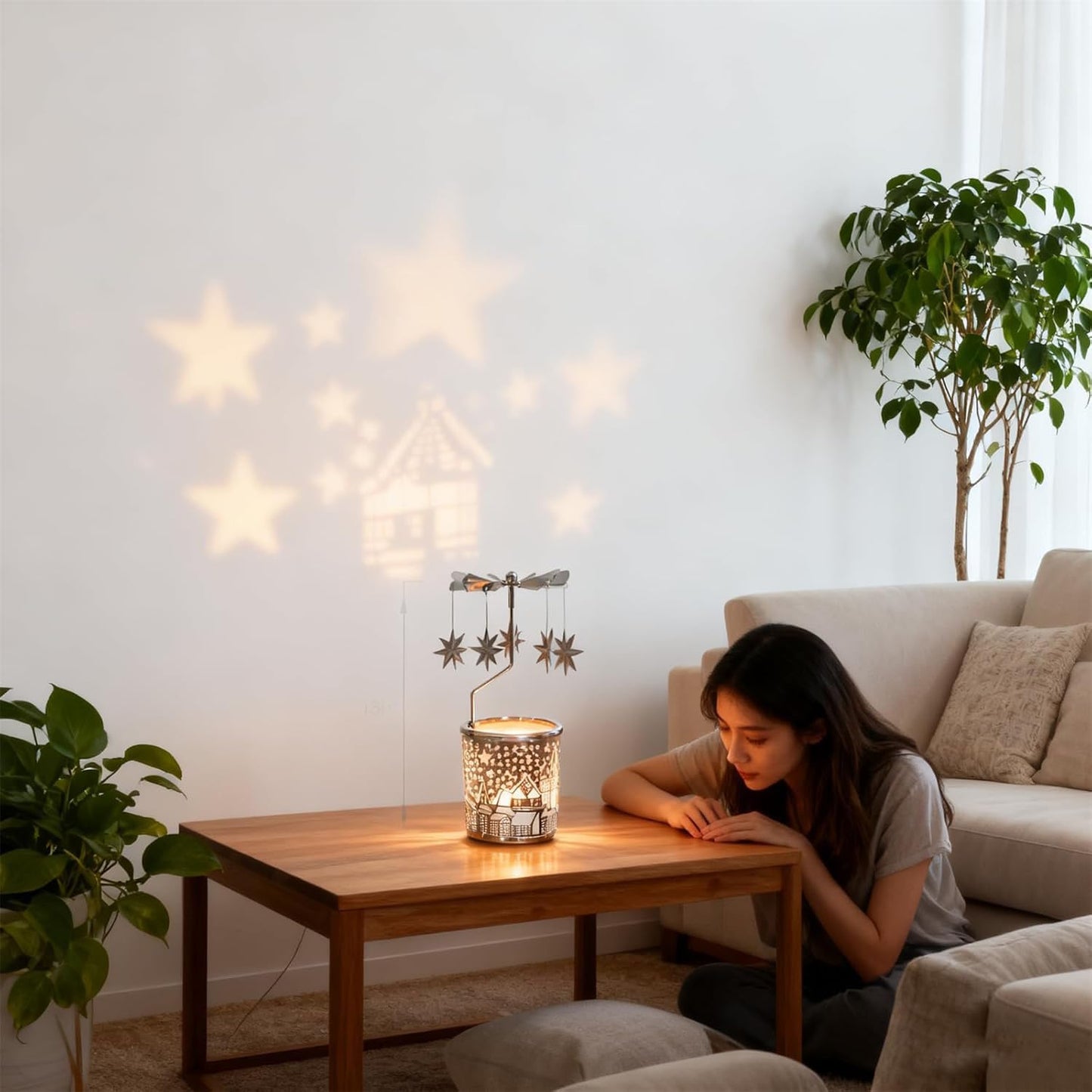 Qtnuerm Metal Rotary Candle Holder Spinning Windmill Tea Light Carousel Decor for Home & Gifts (Silver North Star)