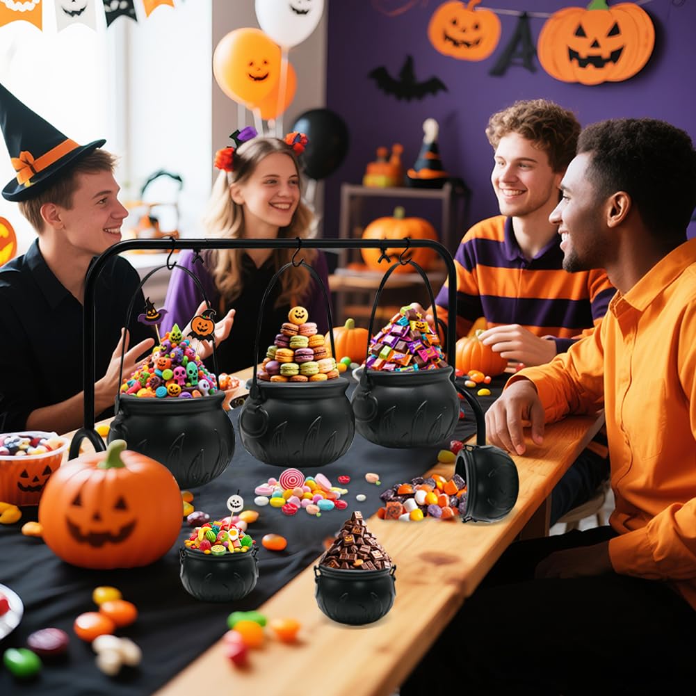 Halloween Cauldron Set with Rack - 3 Large & 6 Mini Black Plastic Flaming Cauldrons Candy Bowls for Indoor/Outdoor Hocus Pocus Party Decor, Witch Kitchen Serving & Haunted House Table Decorations