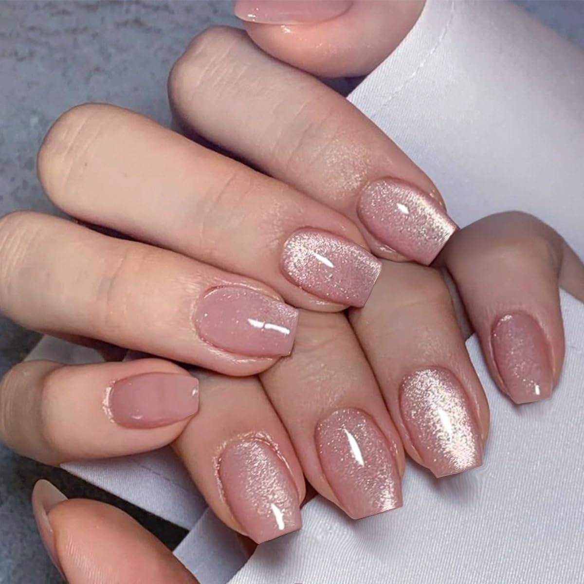 KQueenest Cat Eye Press on Nails Short, 30 Pcs Acrylic Press on Nails Square, Sparkly Glitter Light Pink Fake Nails Press on Short, Reusable Chrome Soft Gel Glue on Nails for Women Gift
