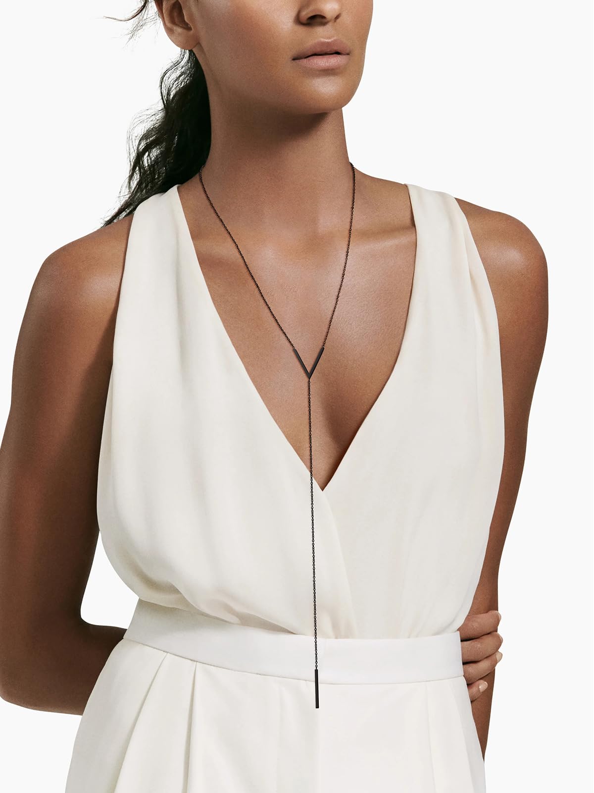 FOCALOOK Bar Pendant Y Lariat Necklaces Hypoallergenic Stainless Steel Dangle Extra Long Single Chain Black Pendant Necklace for Women