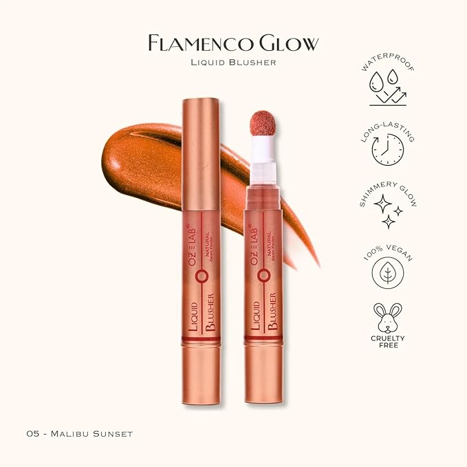 Flamenco Glow Liquid Blush – Malibu Sunset – Warm Coral Hue with Built-in Sponge Applicator – Lightweight, Blendable, Long-Lasting, Vegan & Cruelty-Free, 6ML/0.21 FL.OZ，pack of 1