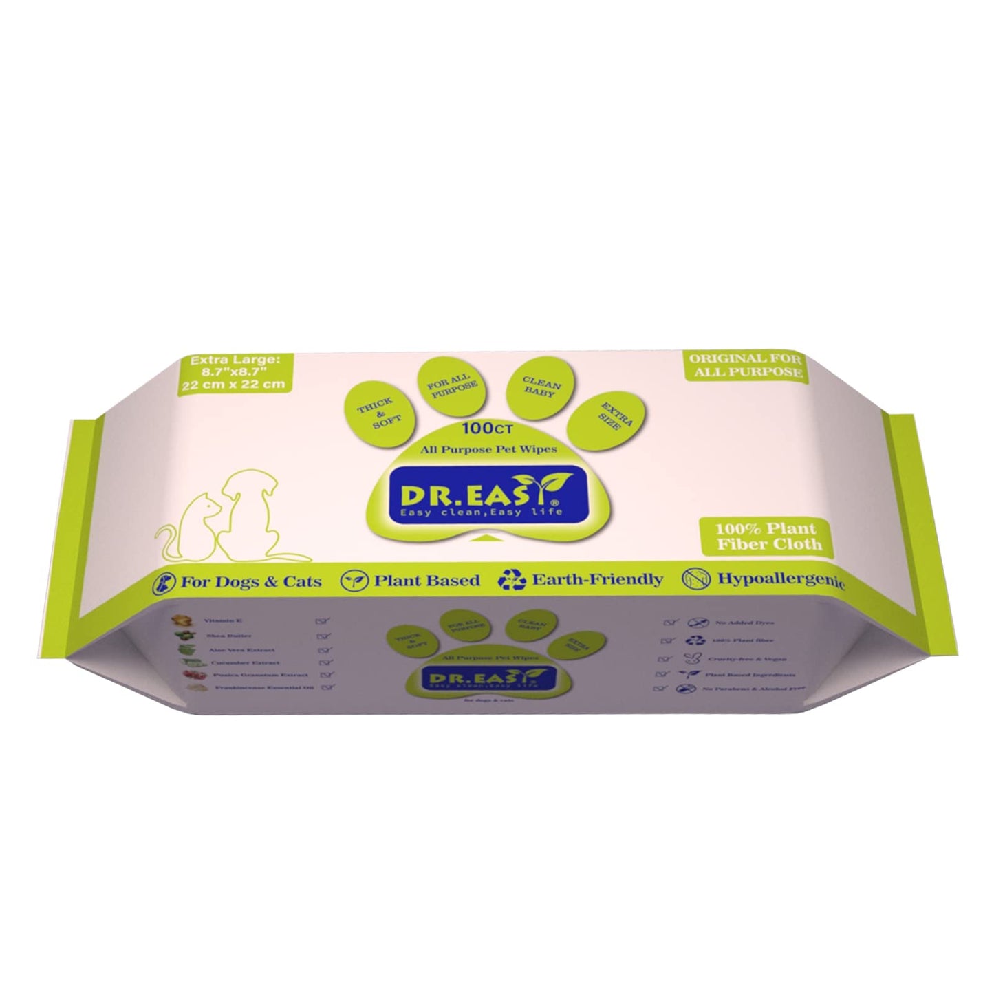 DR.EASY All Purpose Pet Grooming Wipes 100Ct Plant Based Ingredients for Paws,Body,Nose &Bum Cleaning,Remove Dirt,Dander & Excess Hair with Soft and Thick Wipes,No Fragrance