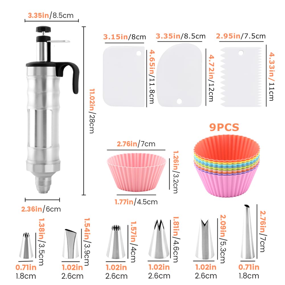 Zorivane Dessert Decorating Syringe Set, Frosting Piping Kit with 6 Piping Tips, 9 cupcakes, 2 adapter, 3 cream squeegee, Stainless Steels Cupcake Decorating Kit for Baking
