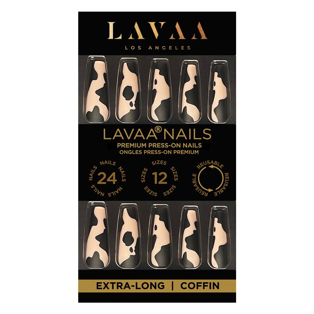 CUTE MOOOOOD Premium Press-On Nails by Lavaa Beauty | Extra-Long Coffin | Black Animal Print on Matte Nude Base