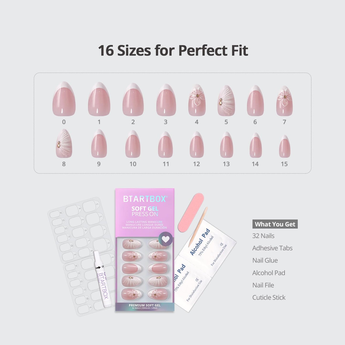 BTArtbox Press On Nails Short - Dew-Kissed Bud, Easy-to-Apply 3D Flower Pink Almond Press On Nails with Glue and Adhesive Tabs in 16 Sizes - 32 Nails All-in-One Kit
