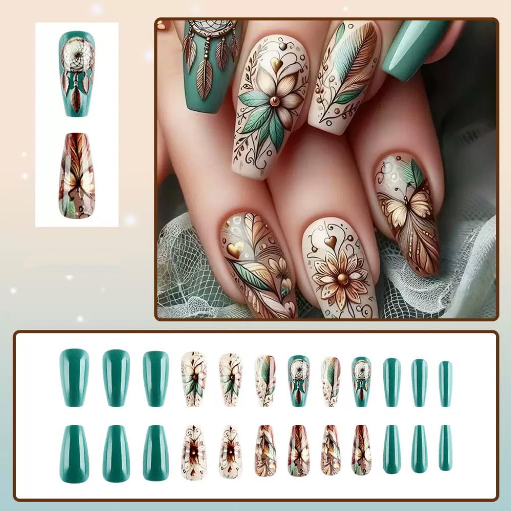 Medium Press on Nails Coffin Fake Nails with Flower Butterfly Design Glue on Nails Green False Nails Full Cover Stick on Nails Spring Acrylic Nails Elegant Artificial Nails for Women 24Pcs