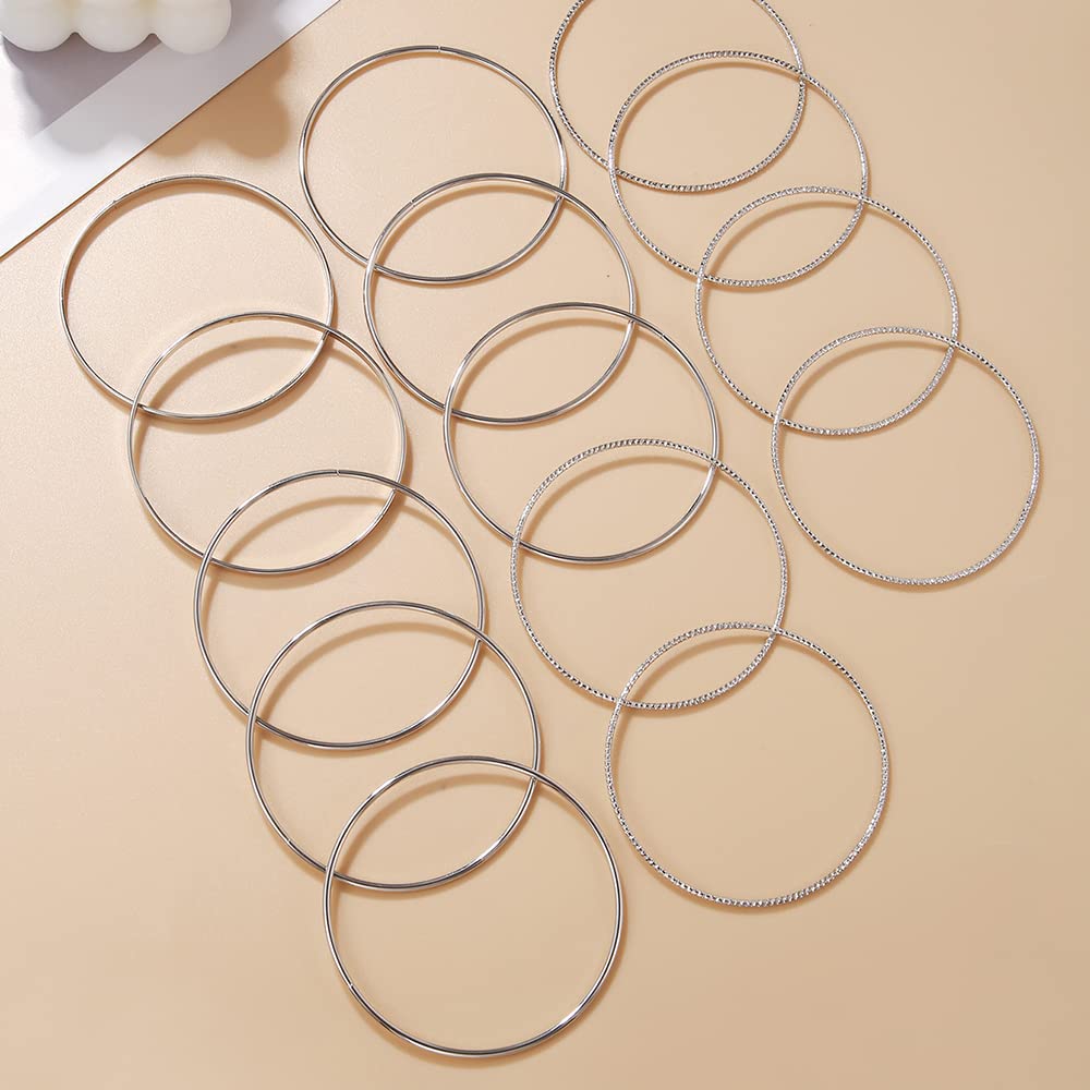 RINTOLER 14Pcs Silver Bangle Bracelets Set for Women - Multi Layer Stackable Textured Bracelets Boho Jewelrys for Women.