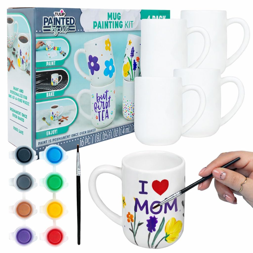 Tulip Painted by Me Ceramic Painting Kit – 4 Paintable Mugs, 8 Food Safe Colors & 4 Brushes, Dishwasher Safe, Paint Your Own Ceramics at Home