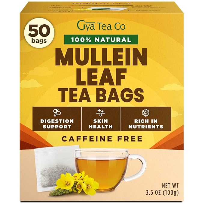 Gya Tea Co Mullein Leaf Herbal Tea Bags (50 Bags) - Caffeine Free with a Tangy Flavor for All Day Comfort, Calming, Relaxing & Nourishing - Fruit & Herbal Blends