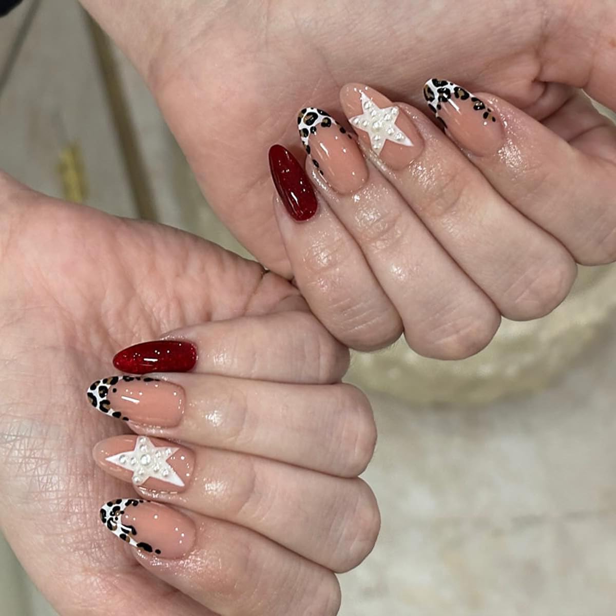 Medium Almond Press on Nails - French Tip Fake Nails with Leopard & 3D Pearl Star Designs False Nails Glossy Glue on Nails Reusable Full Cover Stick on Nails for Women Manicure 24Pcs