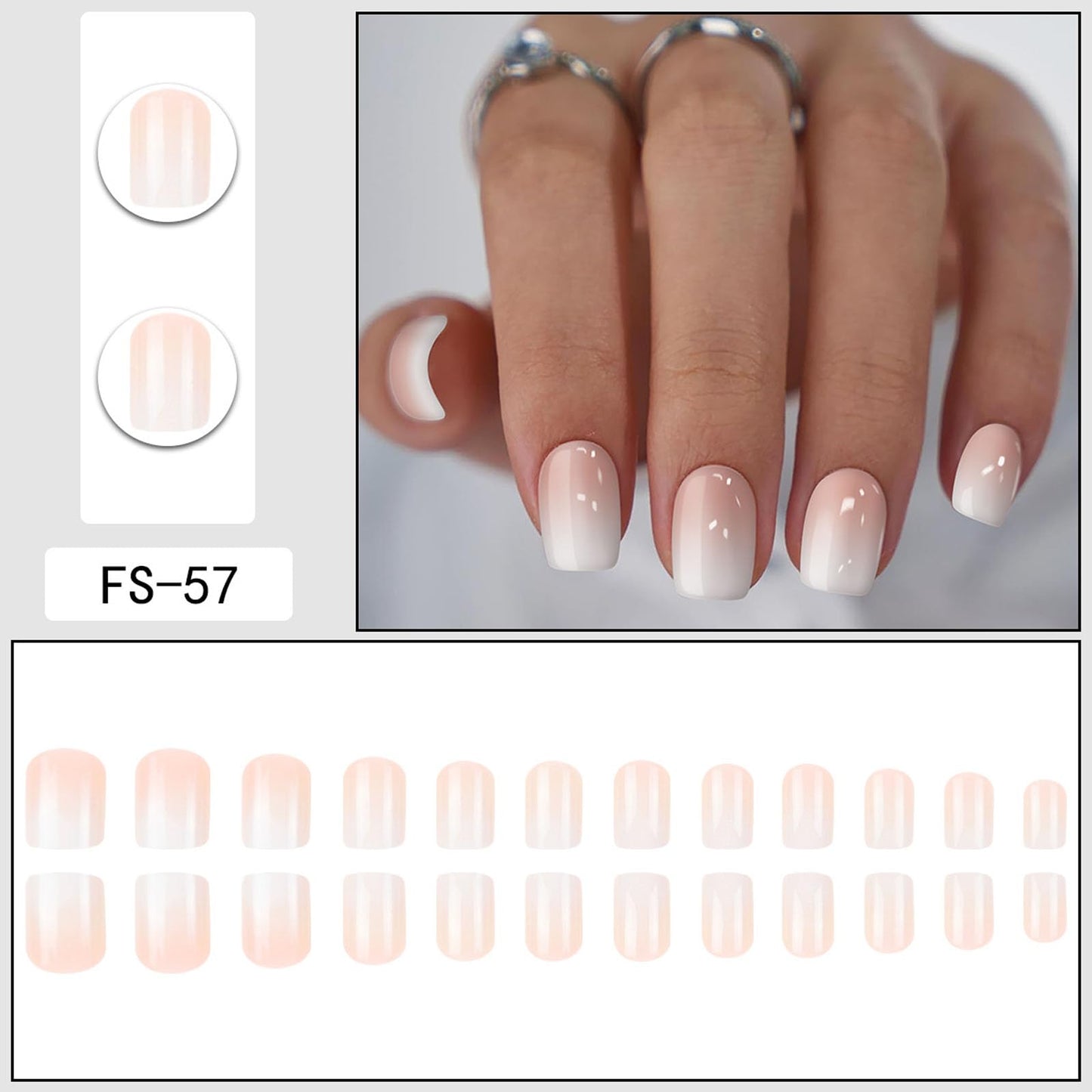 Square Short Press on Nails for Women 24Pcs White Ombre Glue on Nail Artificial Acrylic Manicure Set with Gradation Designs Nude Glossy False Nail Kit, Gift for Nails Lovers