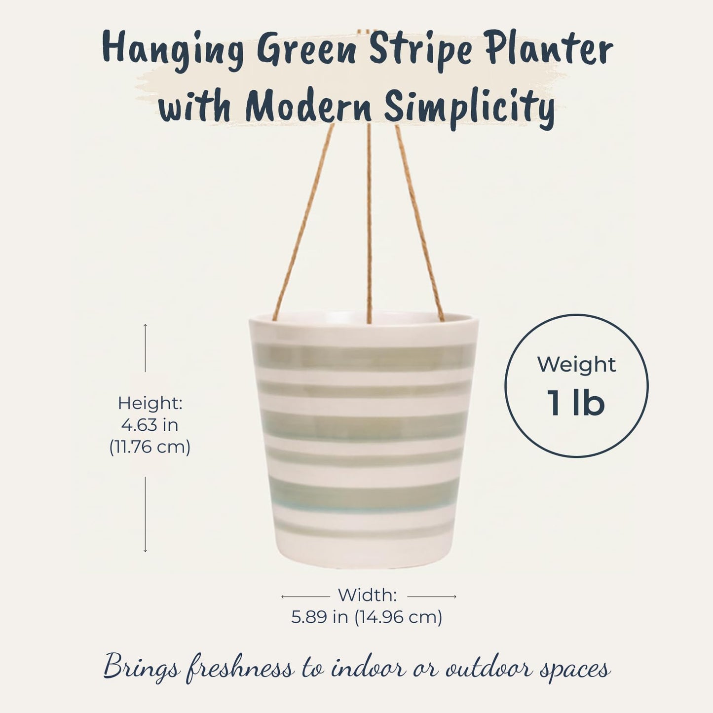 Blue Sky Ceramic Hanging Green Stripe 6.5'' Flower Pot, Multi Color