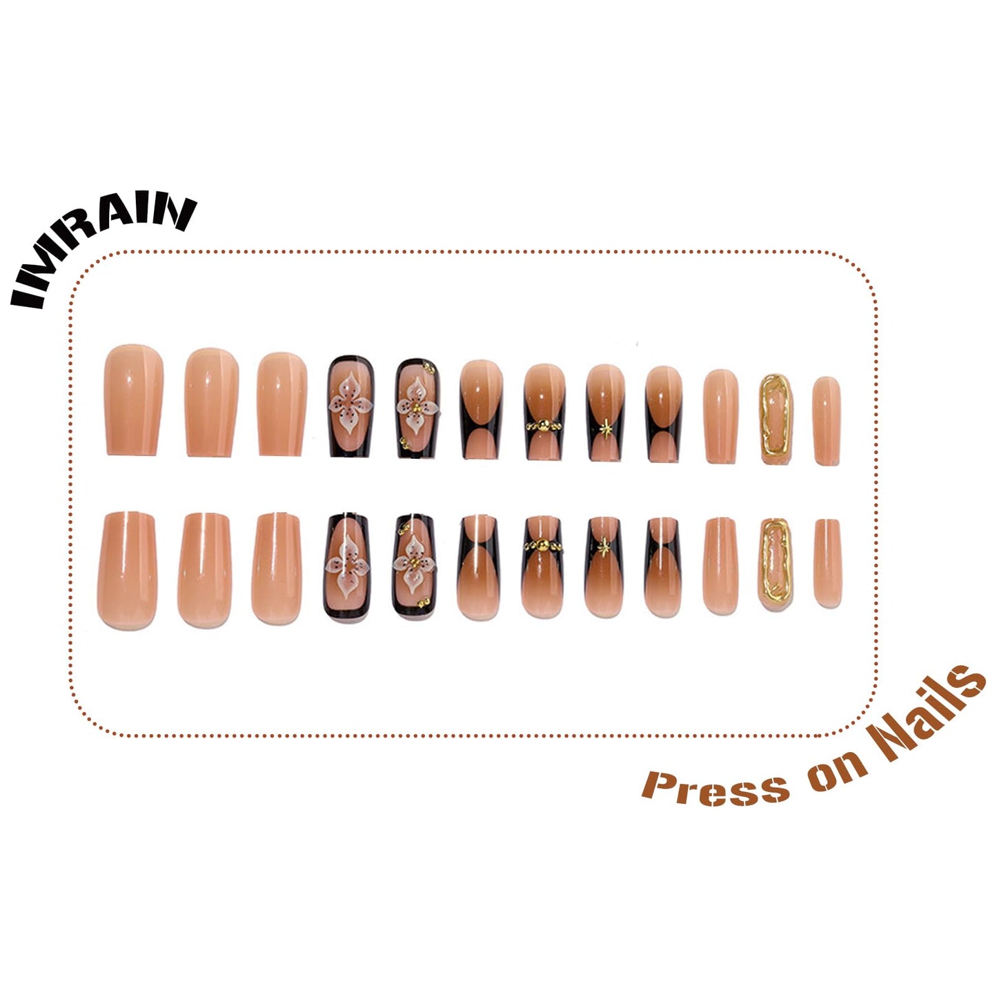 IMRAIN Press on Nails Long Square Fake Nails Brown Ombre False Nails Glossy Acrylic Stick on Nails for Women