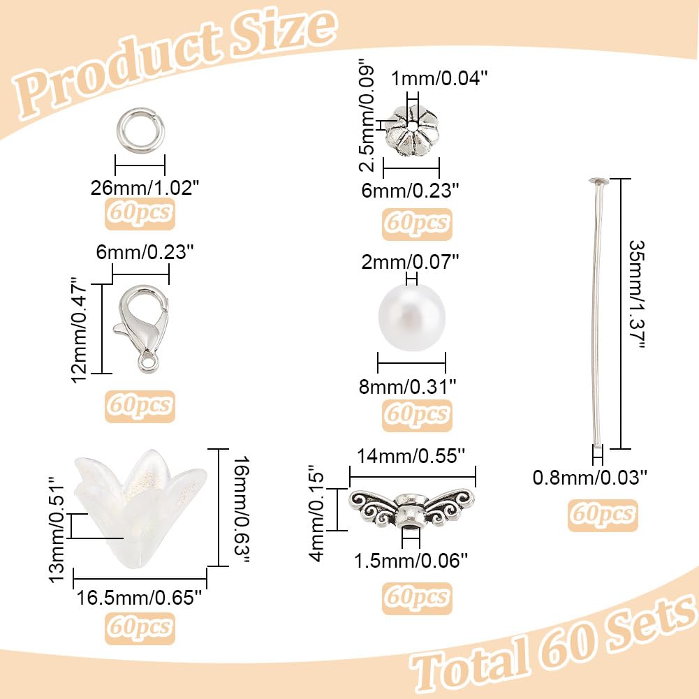 arricraft 420 Pcs DIY Guardian Angel Pendant Kit, Including Tibetan Style Alloy Wing Imitated Pearl Acrylic Beads Alloy Lobster Claw Clasps for Beginner Making Fairy Themed Decor