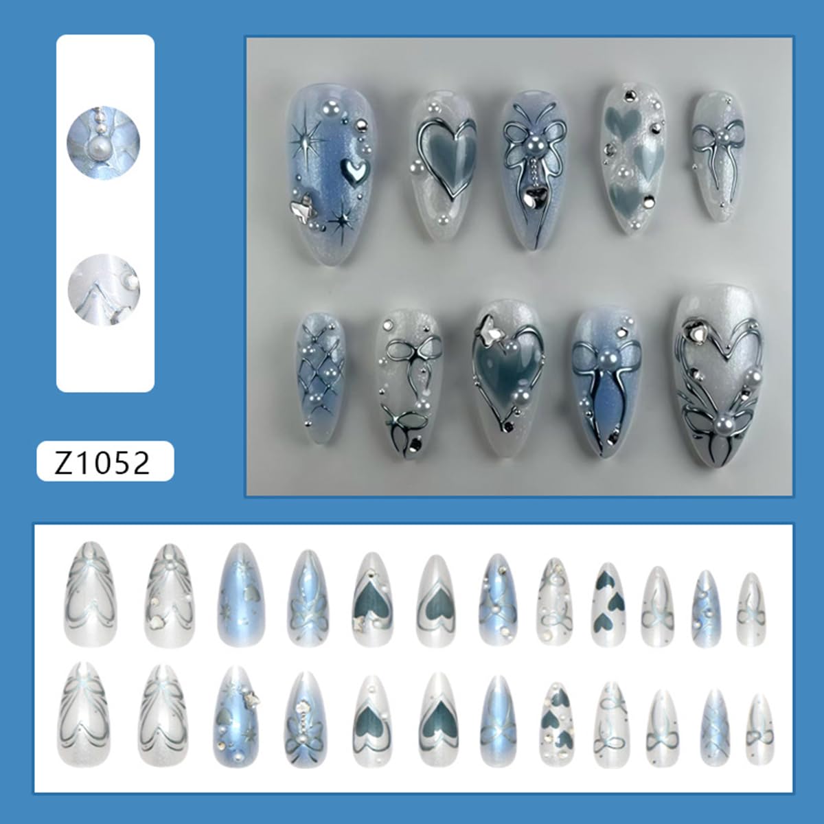 24Pcs Blue Almond Press on Nails Medium Fake Nails 3D Heart Glue on Nail Heart Bow Acrylic Nail Star Pearl Rhinestones Charms Gradient Blue White False Nails for Women Manicure Decoration