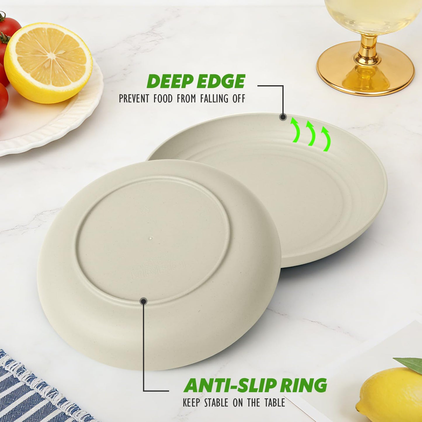 Perlapoc Wheat Straw Plates 6-Piece Set, 10 Inch Unbreakable Deep Dinner Plates, Reusable Plastic Plates Microwave and Dishwasher Safe BPA-Free for Family, Daily Use, LightGrey