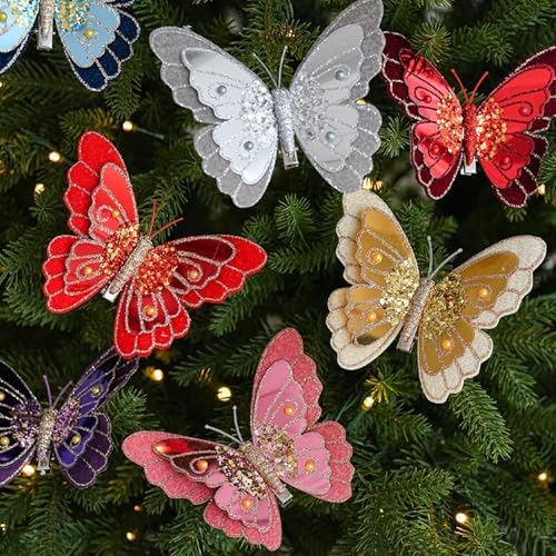 LEBETE Pack of 3 Double Layer Butterfly Christmas Tree Clips Accessory Elegant Fabric Ornaments for Holiday Decorations